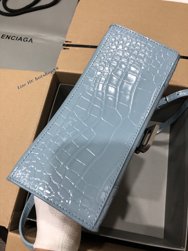 Balenciaga專櫃爆款大號手提女包 巴黎世家升級版鱷魚淺藍色銀扣Hourglass沙漏包 fyj1654